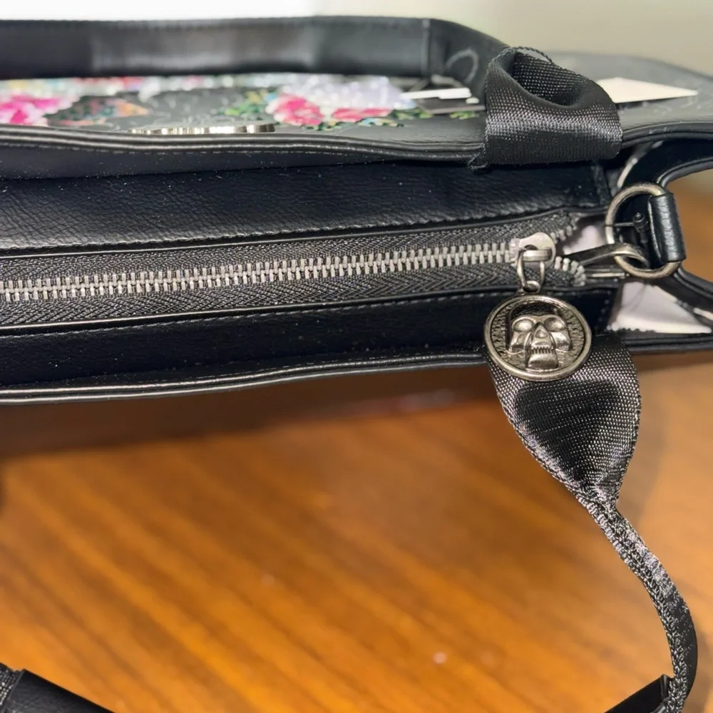 NWT Ed Hardy Jeweled Black Satchel with Floral Skull Design With Crossbody Strap - Picture 7 of 9